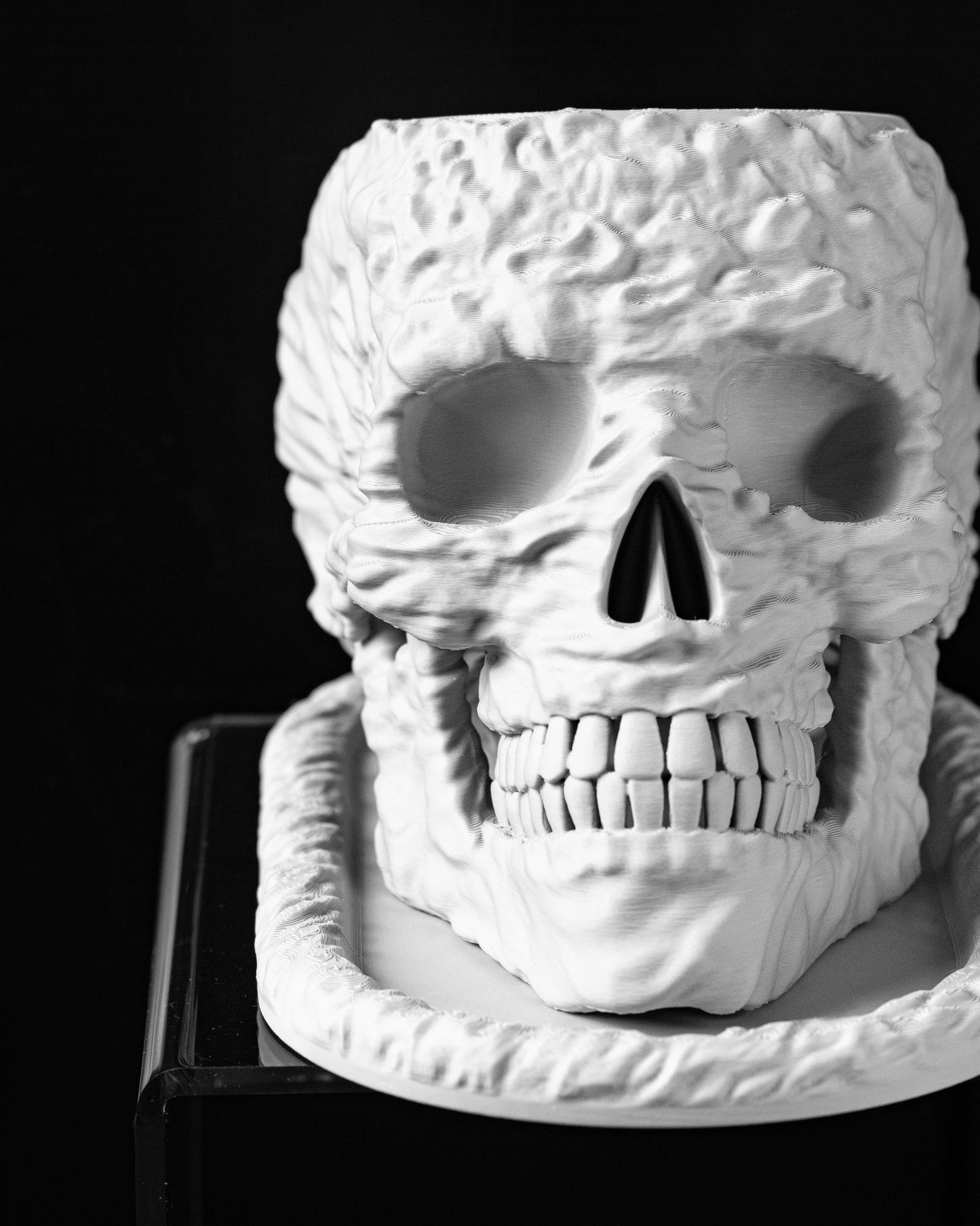 Planter-06: Skull Outdoor Planter With Integrated Drainage and Matching Saucer